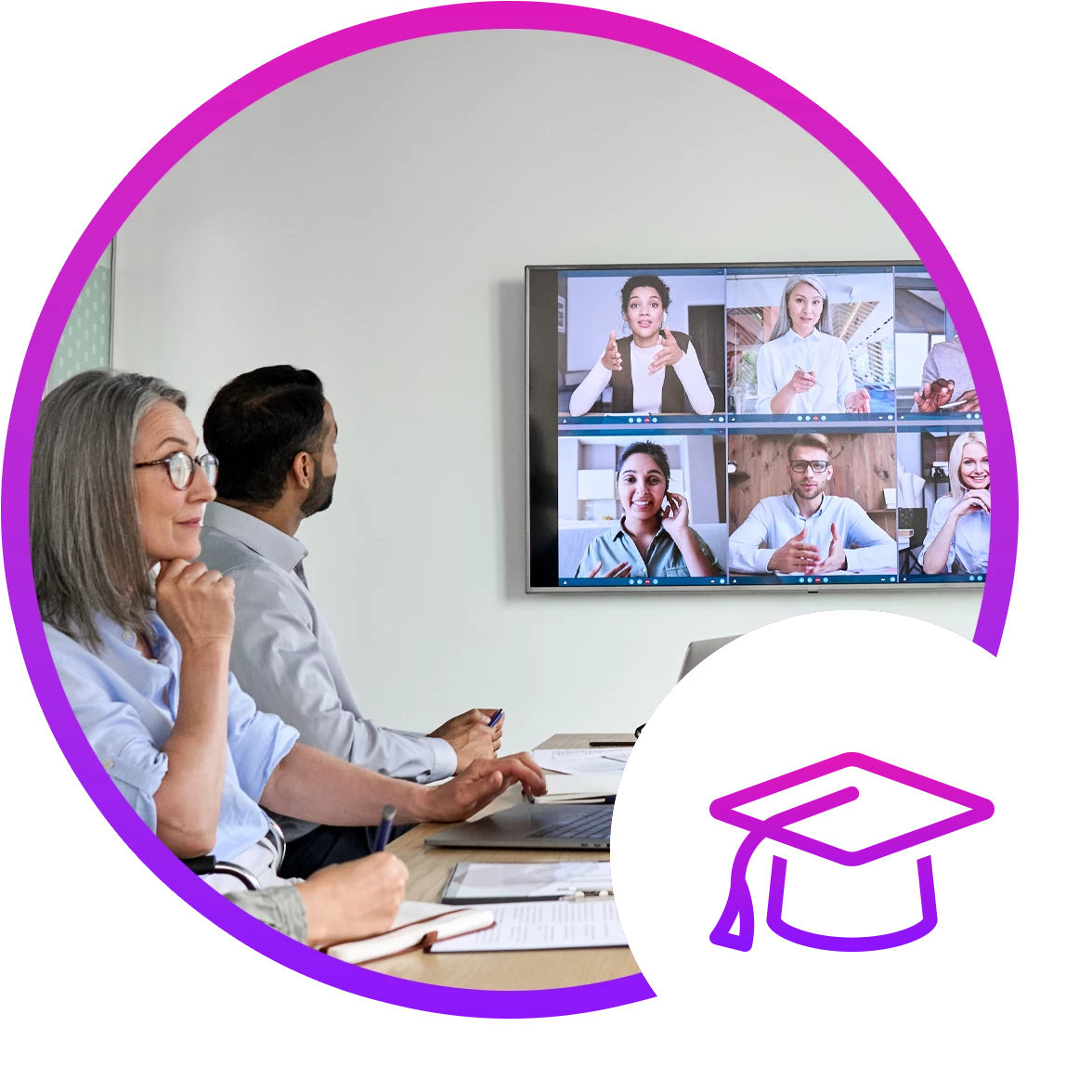 A photo collage showing people in a training session meeting in a conference room with virtual attendees beside a graduation cap icon.