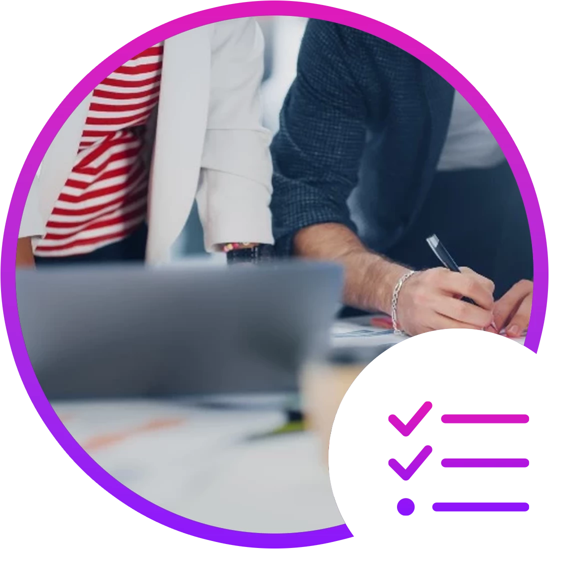 Partners working collaboratively together at a desk in front of a laptop, beside an illustration of a checklist.