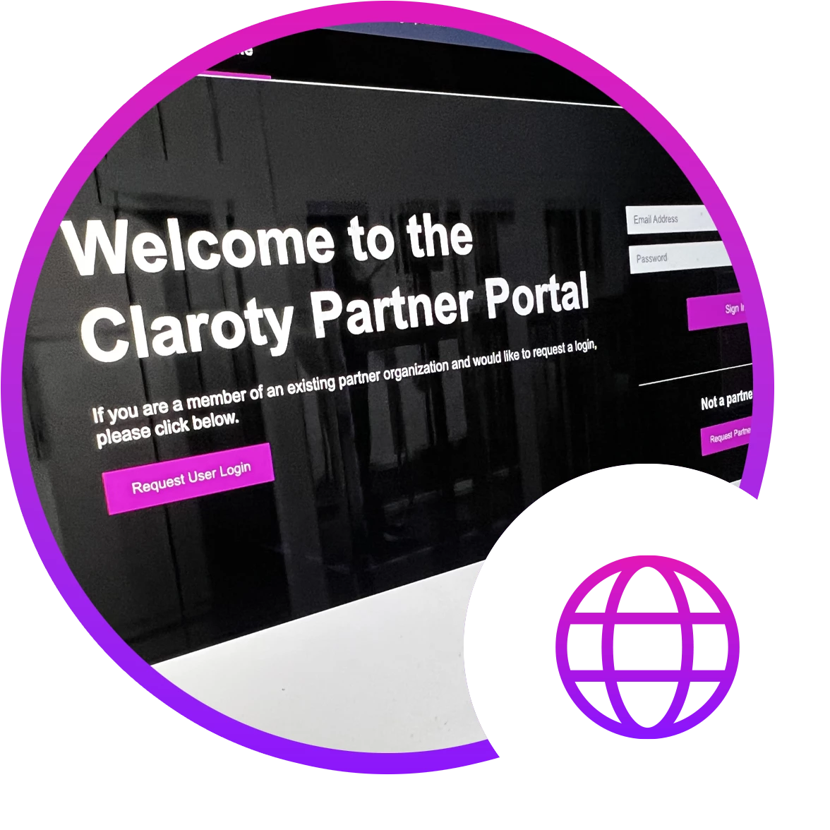 The Claroty Partner Portal website, beside an illustration of a globe.